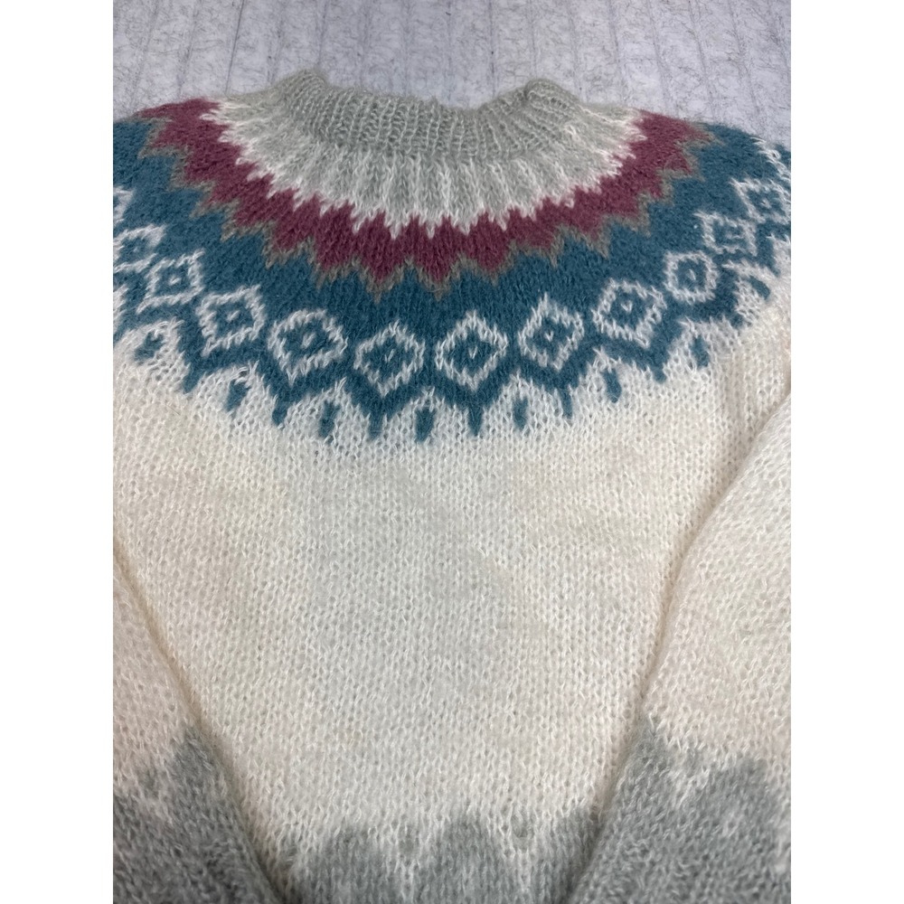 Deans of Scotland‎ Womens Small Fair Isle Fuzzy Knit Sweater Cream Grey Tam Tam